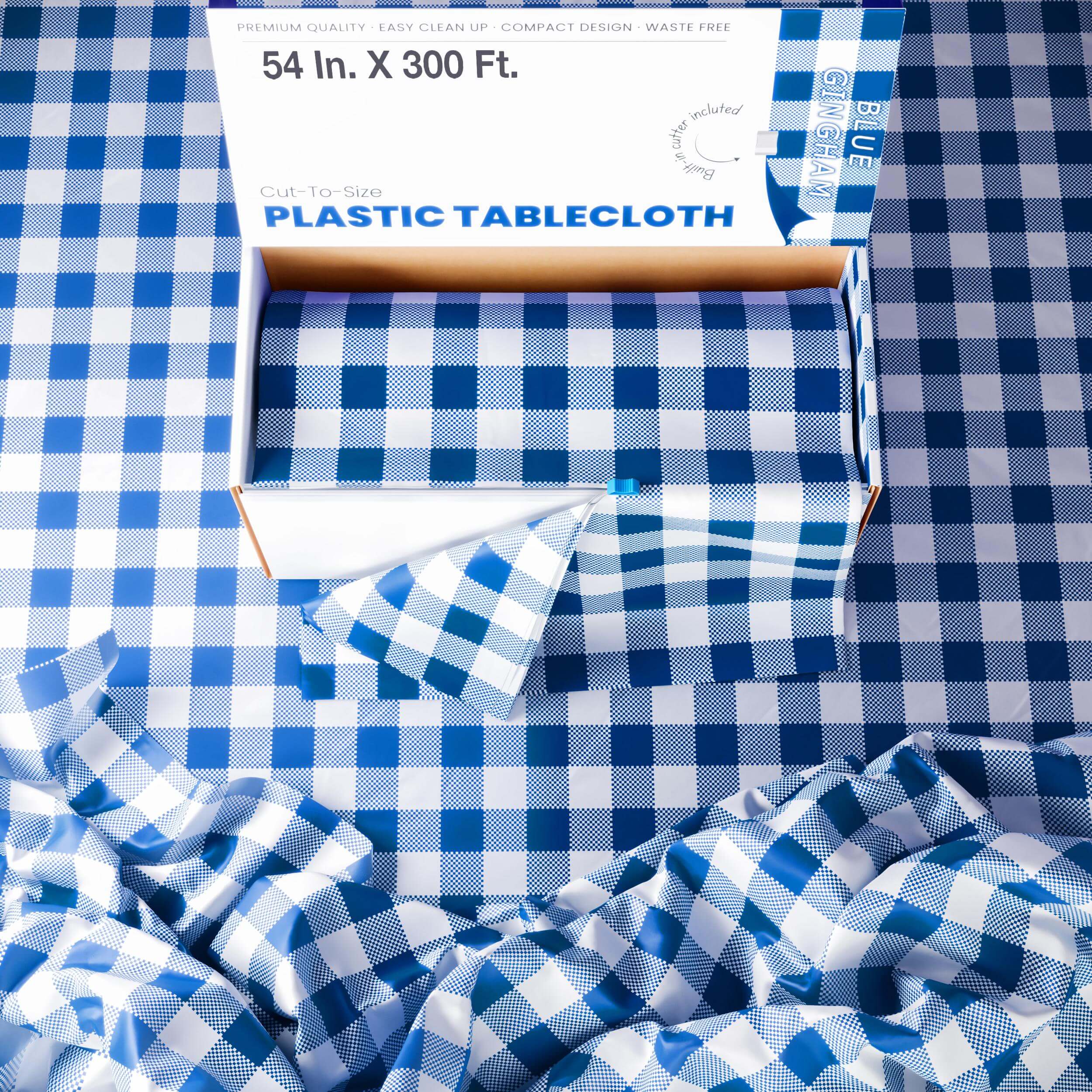 54 In. x 300 Ft. Cut to Size Plastic Table Cover | Blue Gingham