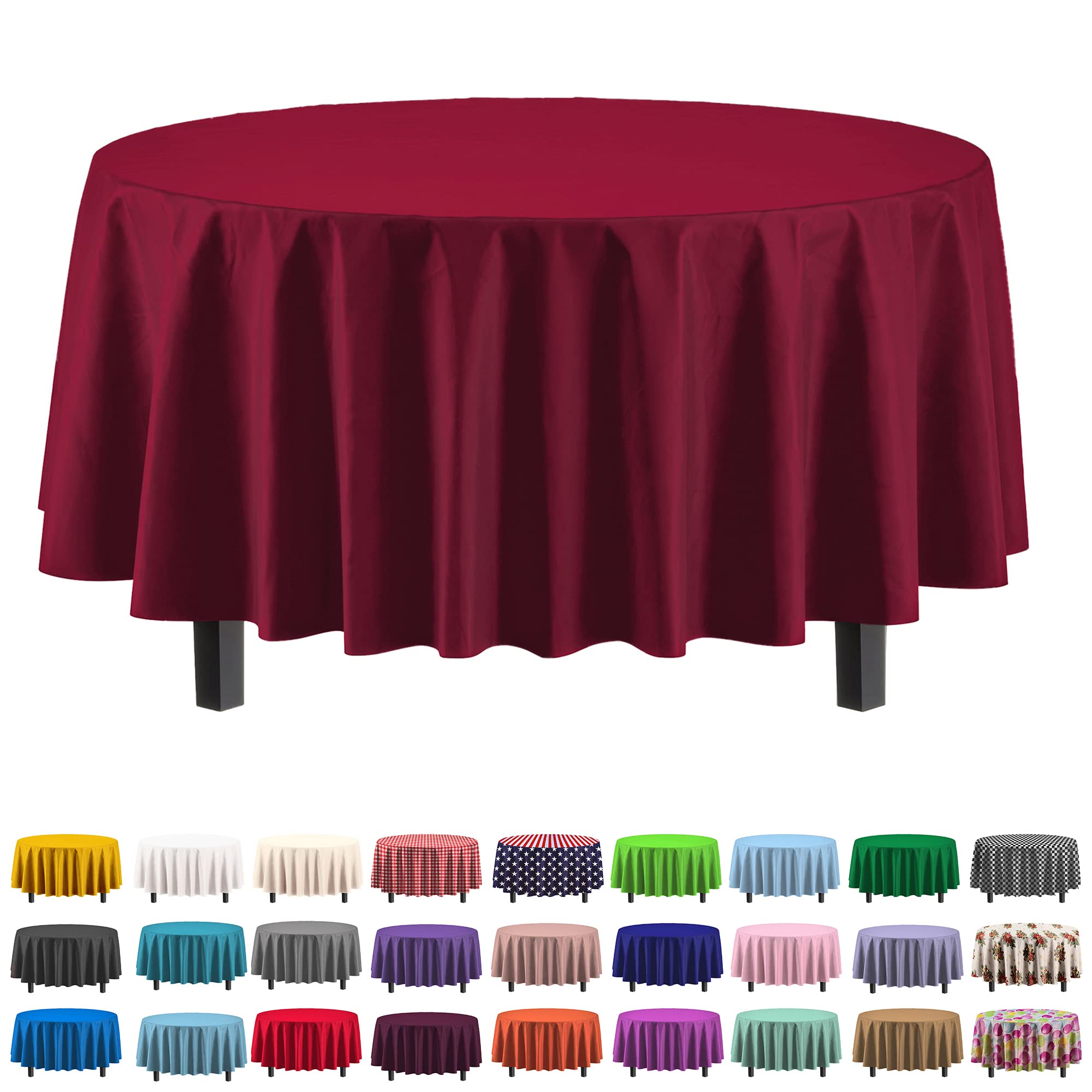 Round Burgundy Plastic Table Cover - 84 in. | Case of 48