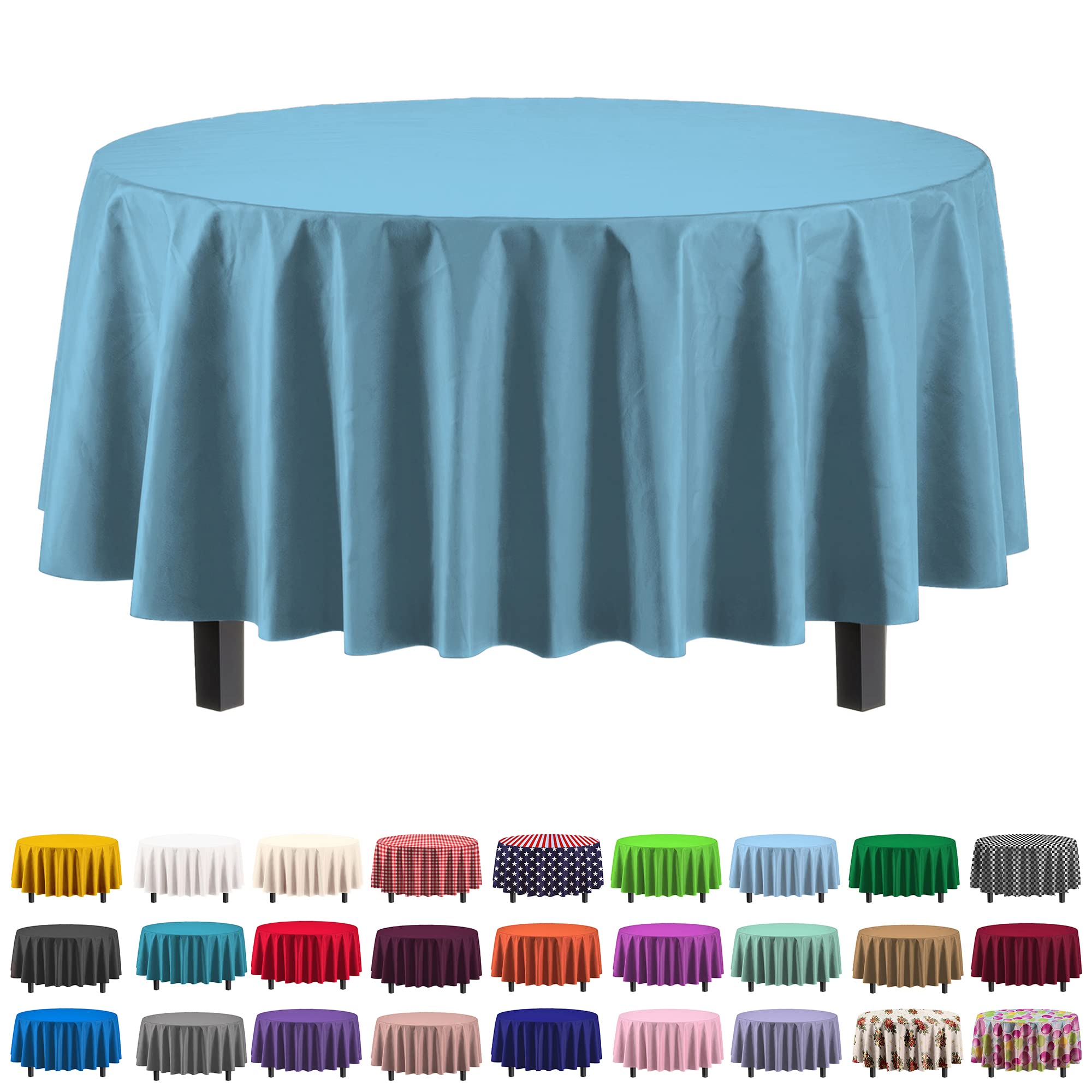Round Sky Blue Plastic Table Cover - 84 in. | Case of 48