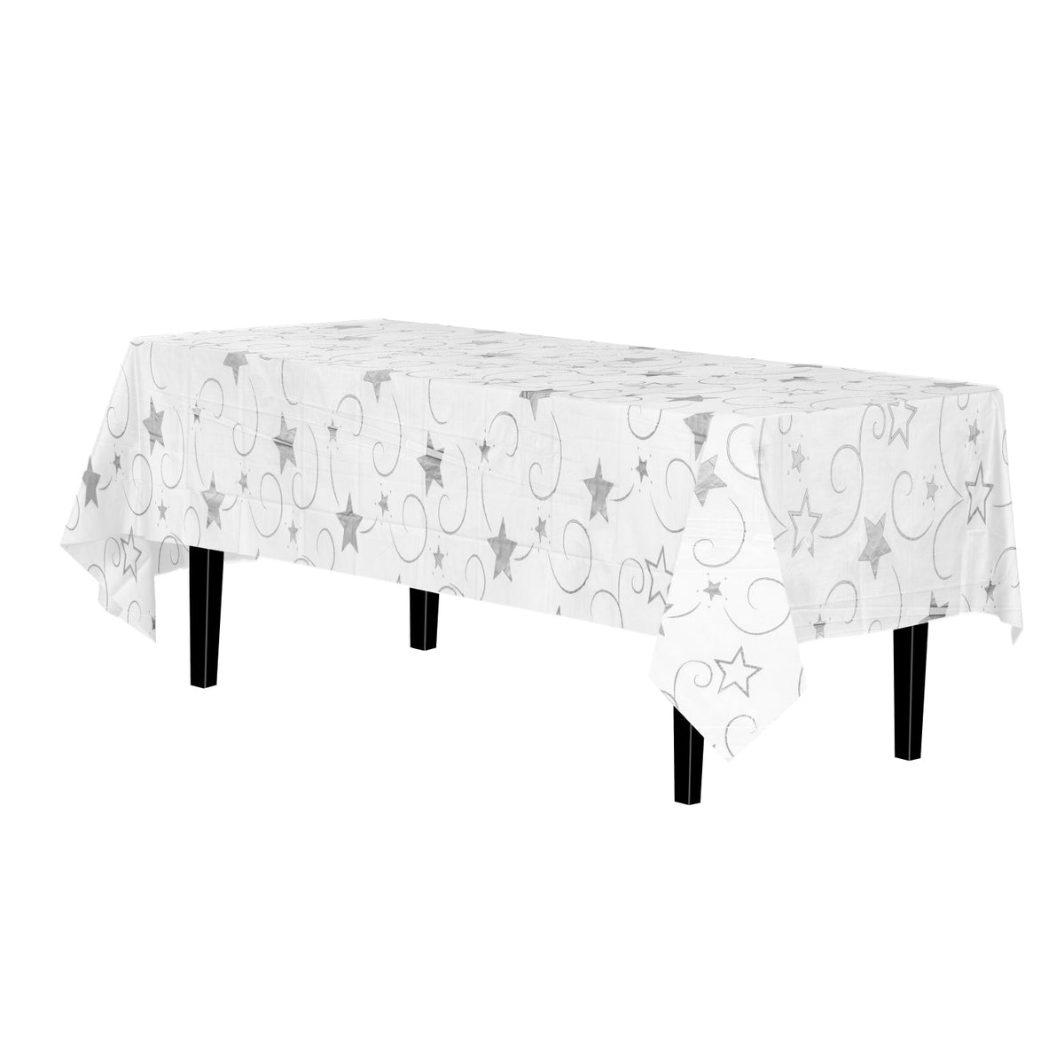 Silver Star Print Plastic Tablecloth | Case of 48 - 54 In. x 108 In.
