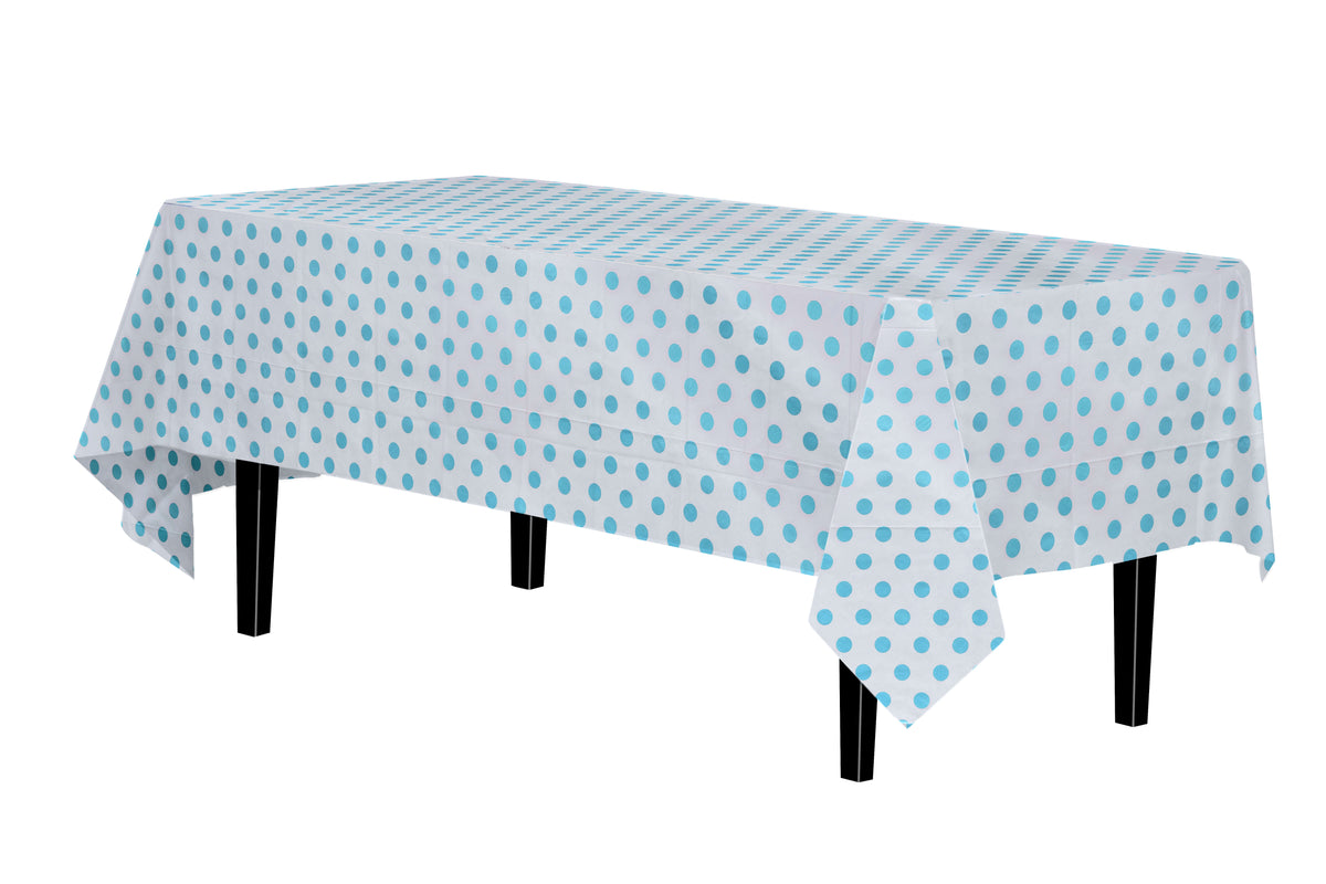 Light Blue Polka Dot Plastic Table Covers | 12 Pack - 54 In. x 108 In.